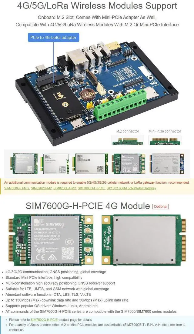 Alt view image 5 of 5 - Waveshare Industrial IoT Wireless Expansion Module Designed for Raspberry Pi Compute Module 4 Bundle with 4G Module SIM7600G-H-PCIE 12V 2A Power Adapter and So on(7 Items)