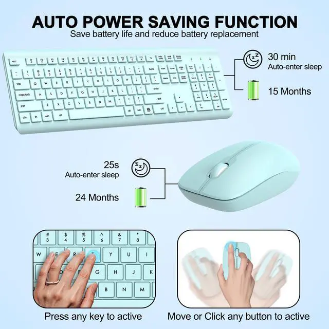 Alt view image 3 of 5 - Wireless Keyboard and Mouse Combo, Full Size Silent Ergonomic Keyboard and Mouse, Long Battery Life, Optical Mouse, 2.4G Lag-Free Cordless Mice Keyboard for Computer, Mac, Laptop, PC, Windows(Green)