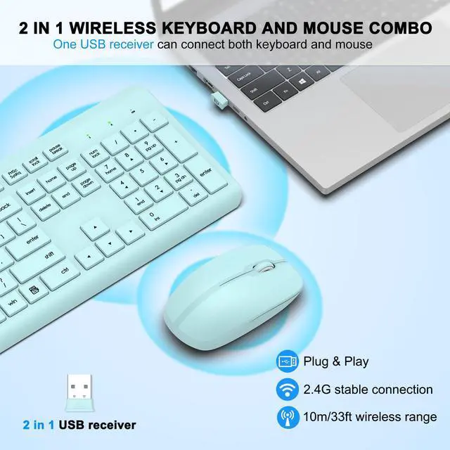 Alt view image 2 of 5 - Wireless Keyboard and Mouse Combo, Full Size Silent Ergonomic Keyboard and Mouse, Long Battery Life, Optical Mouse, 2.4G Lag-Free Cordless Mice Keyboard for Computer, Mac, Laptop, PC, Windows(Green)