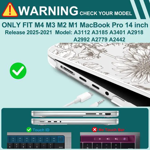 Alt view image 4 of 5 - Yebiseven for MacBook Pro 14 Inch Case M5 M4 M3 M2 M1 2025 2024-2021 Model A3434/A3112/A3401/A3185/A2918/A2992/A2779/A2442,Hard Shell with Keyboard Cover+Trackpad Film+OTG Adapter, Dahlia Cosmos