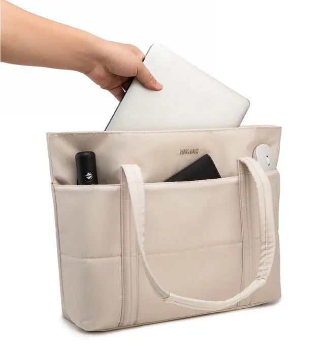 Alt view image 3 of 5 - Kinmac Computer Tote Bag for Women, Large Capacity Laptop Tote Handbag for Work Office Travel (Khaki Grid)