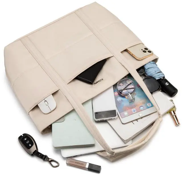 Alt view image 2 of 5 - Kinmac Computer Tote Bag for Women, Large Capacity Laptop Tote Handbag for Work Office Travel (Khaki Grid)