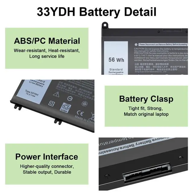 Alt view image 4 of 5 - Yenyoh 56Wh 33YDH Laptop Battery Replacement for Dell 17 7000 7773 7778 7779 7786, G5 15 5587, Latitude 3380 3490 3590 3580 Notebook 15.2V 4 Cell - PN: 99NF2 PVHT1 DNCWSCB6106B