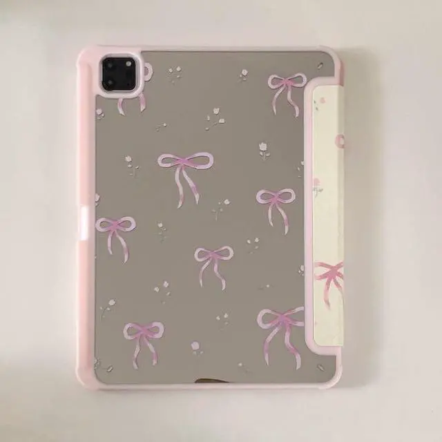 Alt view image 2 of 5 - Auto Sleep/Wake Leather Stand Folio Case with Kickstand Stylus Holder for Apple iPad 10.2-inch 9 9th Generation 2021 White Pink Bow Floral Beautiful Cute Lovely Adorable Girls