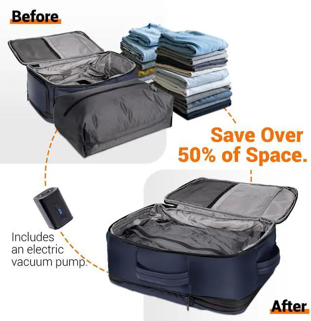 Alt view image 4 of 5 - Vacuum Seal Backpack for Travel with Pump, 60L Expandable Backpack with Detachable Vacuum Compression Bag Waterproof Carry On Large Travel Bag for Airline Laptop Backpack with Shoe Compartment Navy