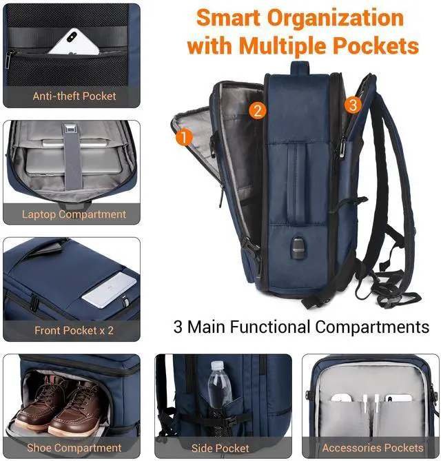 Alt view image 5 of 5 - Vacuum Seal Backpack for Travel with Pump, 60L Expandable Backpack with Detachable Vacuum Compression Bag Waterproof Carry On Large Travel Bag for Airline Laptop Backpack with Shoe Compartment Navy