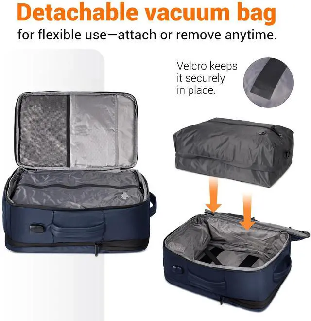 Alt view image 3 of 5 - Vacuum Seal Backpack for Travel with Pump, 60L Expandable Backpack with Detachable Vacuum Compression Bag Waterproof Carry On Large Travel Bag for Airline Laptop Backpack with Shoe Compartment Navy