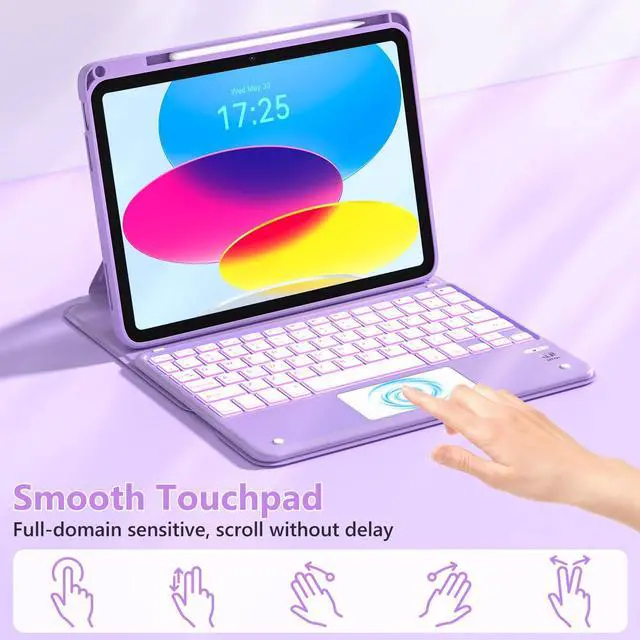 Alt view image 2 of 5 - TaIYanG Touchpad for iPad A16 11th/10th Generation Case with Keyboard, 7 Color Backlit 360 Rotation Cover with Pencil Holder,Detachable Keyboard for iPad 11 inch 2025/10th Gen 10.9'' 2022 (Purple)