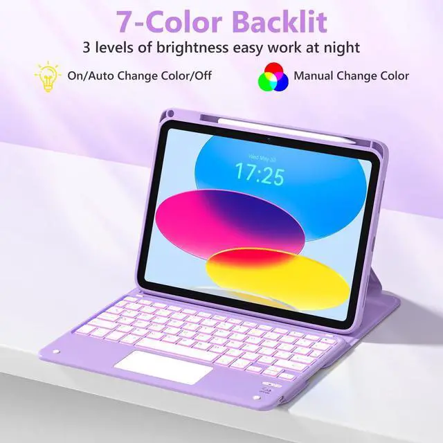 Alt view image 5 of 5 - TaIYanG Touchpad for iPad A16 11th/10th Generation Case with Keyboard, 7 Color Backlit 360 Rotation Cover with Pencil Holder,Detachable Keyboard for iPad 11 inch 2025/10th Gen 10.9'' 2022 (Purple)