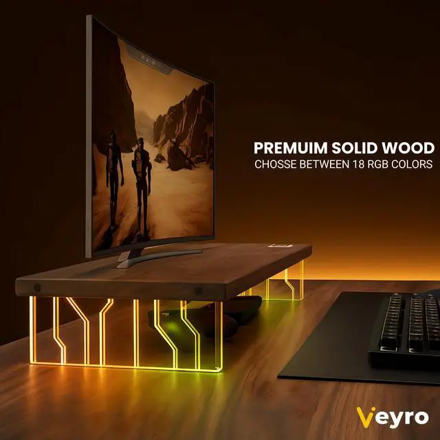 Alt view image 3 of 5 - Veyro Gaming Monitor Stand For Desk with Acrylic Legs & 18-Color RGB LED Light - Gaming Monitor Riser and Wooden Monitor Stands for Monitors, Laptops & Gaming PCs  Ergonomic Acrylic Desk Riser