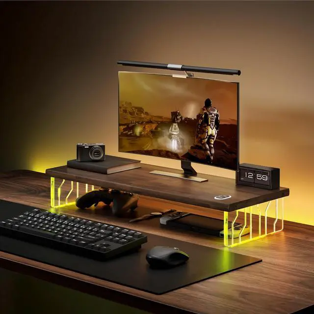 Main image of Veyro Gaming Monitor Stand For Desk with Acrylic Legs & 18-Color RGB LED Light - Gaming Monitor Riser and Wooden Monitor Stands for Monitors, Laptops & Gaming PCs  Ergonomic Acrylic Desk Riser