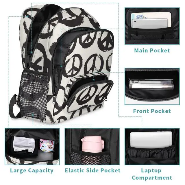 Alt view image 4 of 5 - GzLeyigou School Backpack Casual Bookbag with Multiple Pockets 18 inch Laptop Backpacks for Travel Hiking, Schoolbag for Students Girls Boys Women Men, Peace Sign