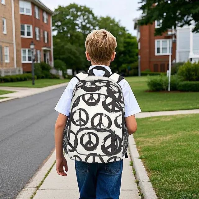 Alt view image 2 of 5 - GzLeyigou School Backpack Casual Bookbag with Multiple Pockets 18 inch Laptop Backpacks for Travel Hiking, Schoolbag for Students Girls Boys Women Men, Peace Sign