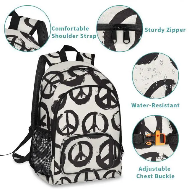 Alt view image 5 of 5 - GzLeyigou School Backpack Casual Bookbag with Multiple Pockets 18 inch Laptop Backpacks for Travel Hiking, Schoolbag for Students Girls Boys Women Men, Peace Sign