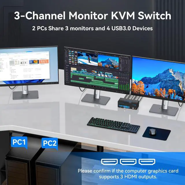 Alt view image 3 of 5 - KVM Switch 3 Monitors 2 Computers HDMI 4K60Hz USB3.0 KVM Switch 2 Ports with 4 USB Ports for 2 Computers Sharing Triple Monitor and 4 USB Devices Support Extended & Copy Mode with 2 USB Cables