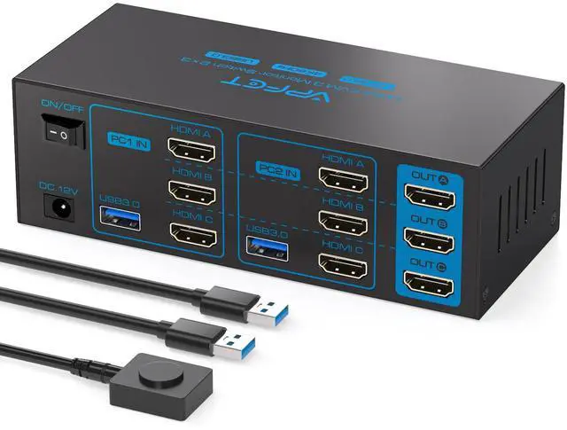 Main image of KVM Switch 3 Monitors 2 Computers HDMI 4K60Hz USB3.0 KVM Switch 2 Ports with 4 USB Ports for 2 Computers Sharing Triple Monitor and 4 USB Devices Support Extended & Copy Mode with 2 USB Cables