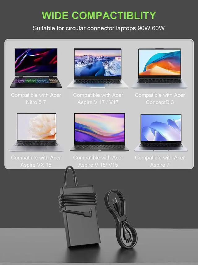 Alt view image 3 of 5 - PowerPortnerLink 135W Charger Compatible with Acer Nitro 5 7 V16 V15 V17 V14 AN515 AN517 AN715 N20C1 Aspire 7 VX 15 ConceptD Laptop C27 Z3 Z24 CA24I2 AIO Desktop AC Adapter