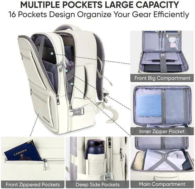 Alt view image 2 of 5 - BALEINE Travel Backpack for Women Men, Large Sturdy Carry On Laptop Backpack Gifts for Business, Casual, Weekender, Hiking (Large, Beige)