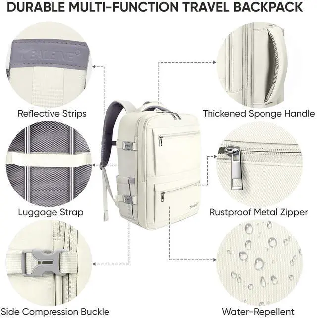 Alt view image 5 of 5 - BALEINE Travel Backpack for Women Men, Large Sturdy Carry On Laptop Backpack Gifts for Business, Casual, Weekender, Hiking (Large, Beige)