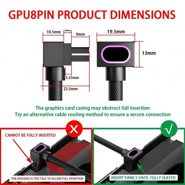 Alt view image 3 of 5 - AIJS 8PIN GPU Extension Cable, ARGB PC Cable with 5V 3Pin,18AWG 90° Right-Angle Design for Cleaner PC Builds,Male-to-Female Connectors Suitable for Various GPU and Power Supply.30CM(Black-GPU-Clip B)