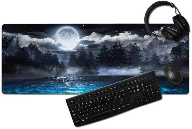 Alt view image 2 of 5 - Moon Ocean Landscape Mouse Pad, Scenic Night Sky with Full Moon Mousepad - Large Non - Slip Desk Mat for Office, PC & Laptop - 31.5"x11.8" x 3mm
