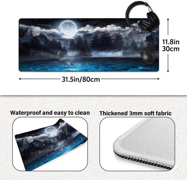 Alt view image 3 of 5 - Moon Ocean Landscape Mouse Pad, Scenic Night Sky with Full Moon Mousepad - Large Non - Slip Desk Mat for Office, PC & Laptop - 31.5"x11.8" x 3mm