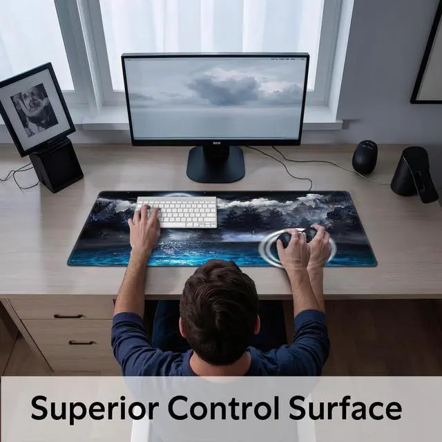 Alt view image 4 of 5 - Moon Ocean Landscape Mouse Pad, Scenic Night Sky with Full Moon Mousepad - Large Non - Slip Desk Mat for Office, PC & Laptop - 31.5"x11.8" x 3mm