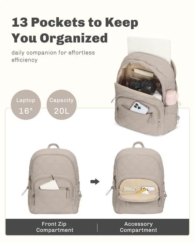 Alt view image 4 of 5 - Hynes Eagle Travel Laptop Backpack Quilted College Backpack for Women Puffer Casual Daypack Personal Item Bag for 16 Inch Light Camel