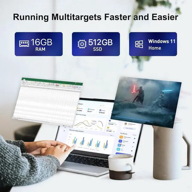 Alt view image 2 of 5 - XISEZIUO 15.6" Business Laptop 16GB RAM 512GB SSD - Full HD 1080P IPS Display Backlit Keyboard Fingerprint, N100 Processor Computer for College Student Home WiFi 5, Win 11