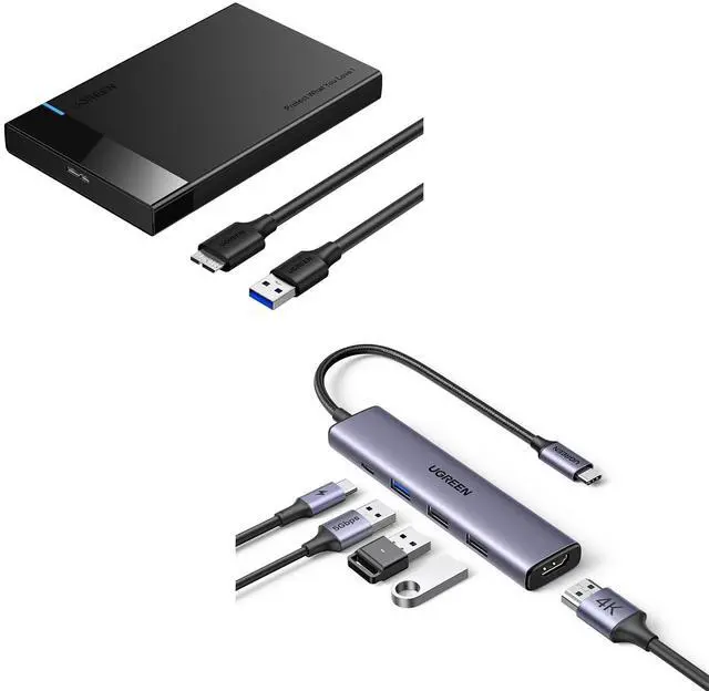 Main image of UGREEN 2.5" Hard Drive Enclosure USB 3.0 to SATA III Adapter Bundle with UGREEN Revodok 105 USB C Hub 5 in 1 Multiport Adapter