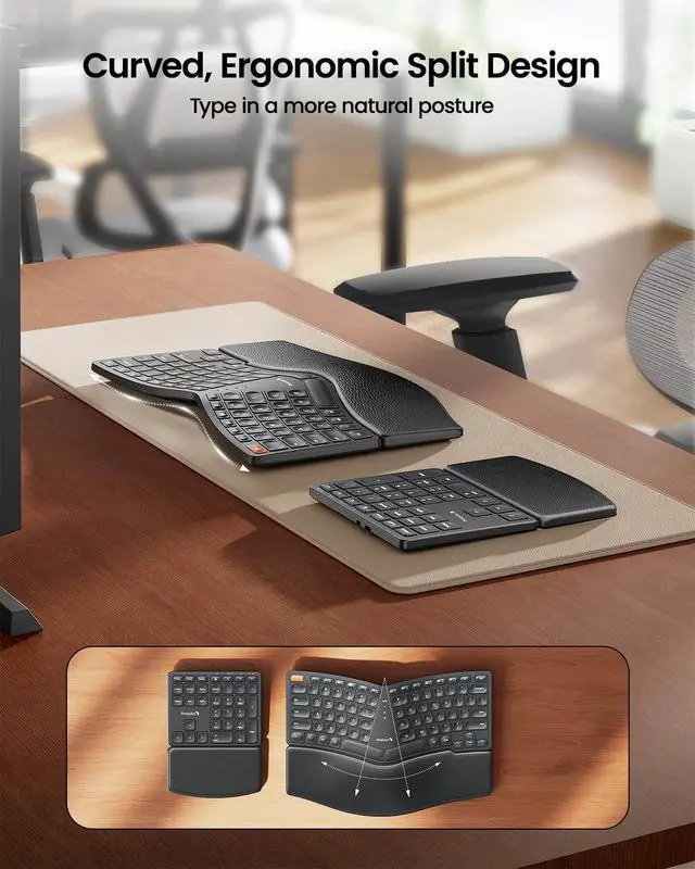 Alt view image 2 of 5 - ProtoArc Wireless Ergonomic Keyboard, EK04 2.4GHz USB Wireless Ergo Keyboard with Separate Numeric Keypad, Split Design, Hard Wrist Rest, Rechargeable, for Windows PC/Laptop/Desktop
