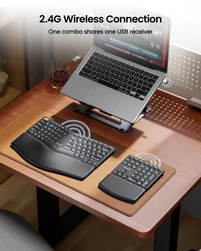 Alt view image 4 of 5 - ProtoArc Wireless Ergonomic Keyboard, EK04 2.4GHz USB Wireless Ergo Keyboard with Separate Numeric Keypad, Split Design, Hard Wrist Rest, Rechargeable, for Windows PC/Laptop/Desktop
