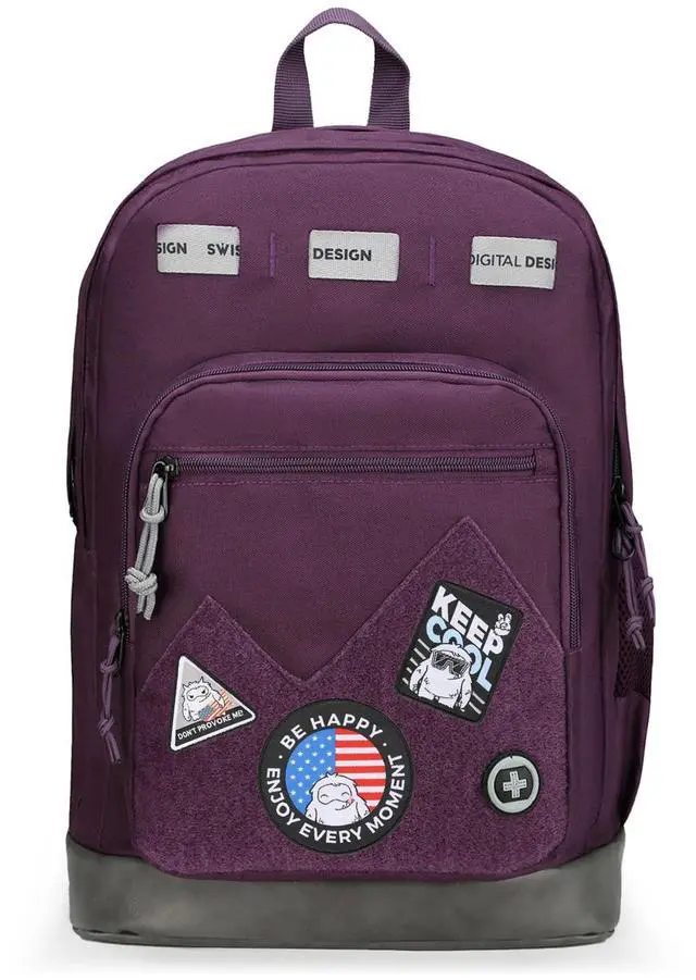 Main image of Swissdigital Design Cool Backpack, Stylish School Laptop Backpack with Fun Personalized Patches Fits 16 Inch Notebook, Travel Bag Pefect for Boys & Girls, Dark Purple | BERIKON - Includes 3 Patches