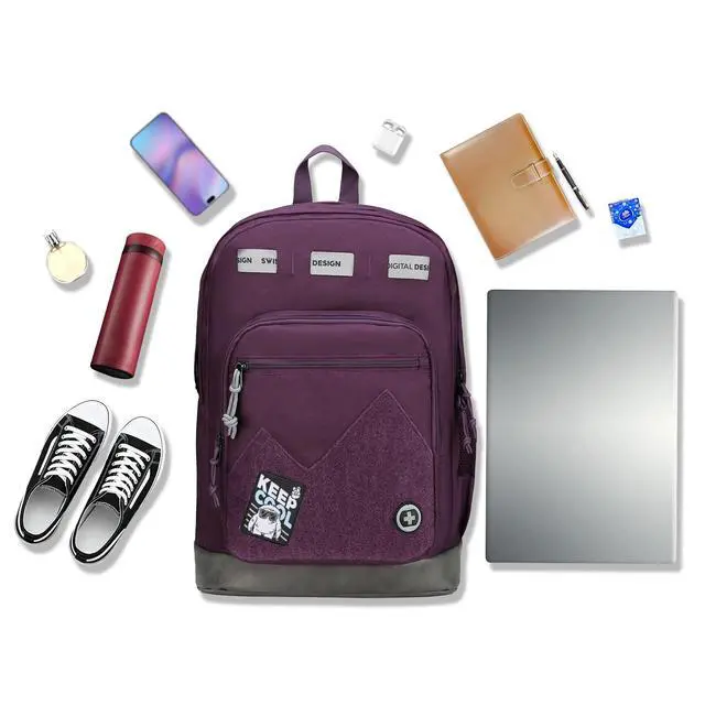 Alt view image 3 of 5 - Swissdigital Design Cool Backpack, Stylish School Laptop Backpack with Fun Personalized Patches Fits 16 Inch Notebook, Travel Bag Pefect for Boys & Girls, Dark Purple | BERIKON - Includes 3 Patches