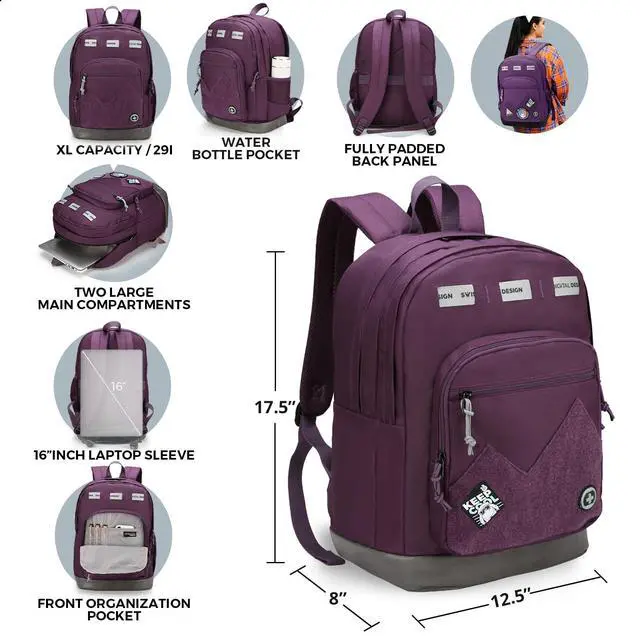 Alt view image 5 of 5 - Swissdigital Design Cool Backpack, Stylish School Laptop Backpack with Fun Personalized Patches Fits 16 Inch Notebook, Travel Bag Pefect for Boys & Girls, Dark Purple | BERIKON - Includes 3 Patches