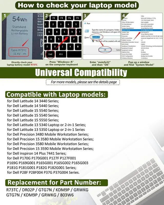 Alt view image 2 of 5 - bossfulton 54Wh R73TC DR02P Laptop Battery Replacement for Dell Latitude 3340 3440 3540 3480 3580 5340 5440 5540 Series Part Numbers 2X1V9 GTG7N GRWKG KDM9P - 11.4V 4623mAh