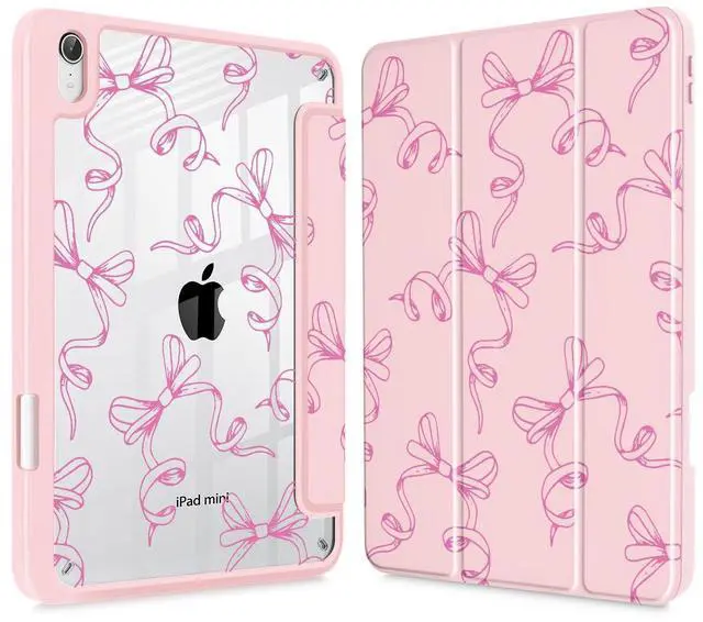 Main image of May Chen Slim Case for iPad mini 7 (A17 Pro, 7th Generation) 2024 / iPad mini 6 (6th Gen) 8.3 Inch, [Built-in Pencil Holder] Shockproof Cover Clear Clear Back Shell Auto Wake/Sleep, Pink Bows P565