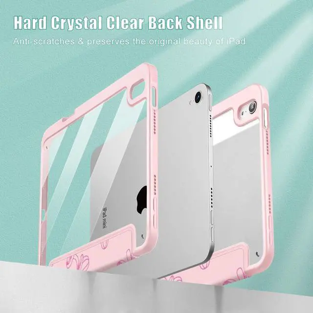 Alt view image 4 of 5 - May Chen Slim Case for iPad mini 7 (A17 Pro, 7th Generation) 2024 / iPad mini 6 (6th Gen) 8.3 Inch, [Built-in Pencil Holder] Shockproof Cover Clear Clear Back Shell Auto Wake/Sleep, Pink Bows P565