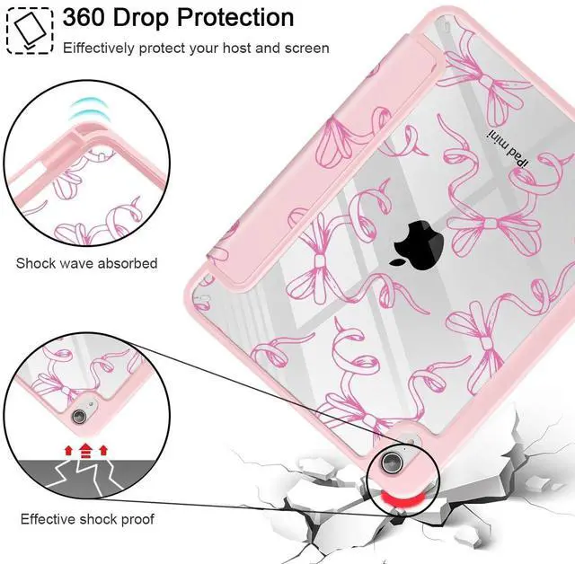 Alt view image 5 of 5 - May Chen Slim Case for iPad mini 7 (A17 Pro, 7th Generation) 2024 / iPad mini 6 (6th Gen) 8.3 Inch, [Built-in Pencil Holder] Shockproof Cover Clear Clear Back Shell Auto Wake/Sleep, Pink Bows P565