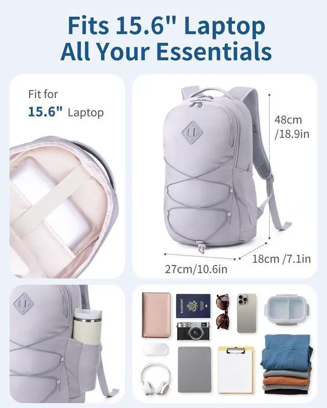 Alt view image 3 of 5 - WANDF 15.6-Inch Laptop Backpack for Women, Travel Backpack Water-Resistant Lightweight College Work Backpack (Light Grey)