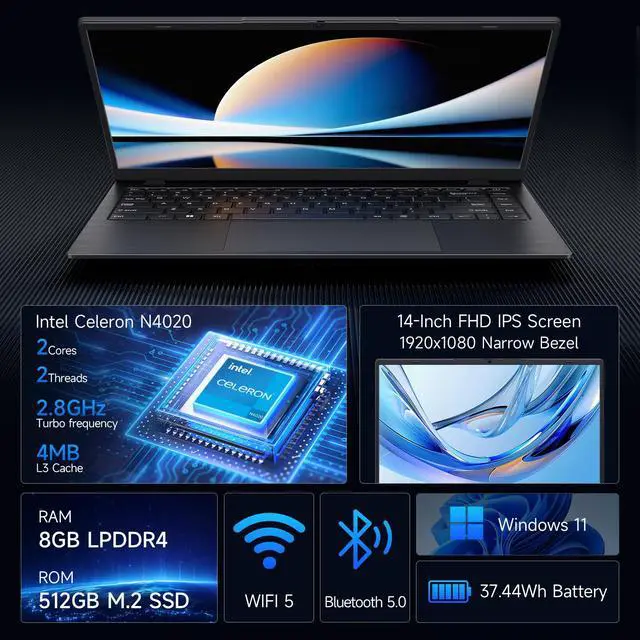 Alt view image 2 of 5 - BLUEING Laptop Computer, 8GB RAM 512GB SSD, Laptop with N4020 Processor(Up to 2.8GHz), 14-Inch 1080P FHD IPS Display, Win11 Pro, Long Battery Life, HDMI, Laptops