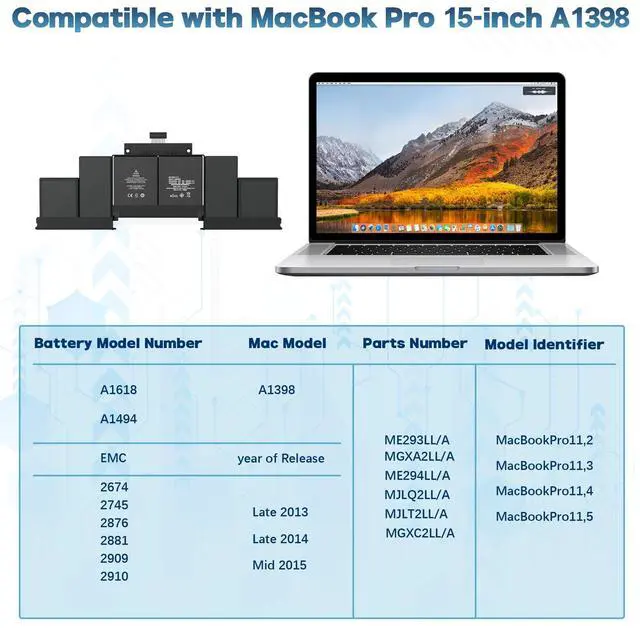 Alt view image 4 of 5 - YBRUZRUB A1618 A1494 Battery Compatible with MacBook Pro 15" Retina A1398 (Late 2013, Mid 2014, Mid 2015) Capacity 11.36V 99.5Wh 8755mAh
