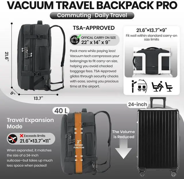 Alt view image 3 of 5 - Fanwoli Vacuum Rolling Travel Backpack, Carry On Luggage with TSA Lock & Anti Theft Zipper, 70L Expandable Airback with Compression Pump, Waterproof Laptop Bag Ideal for Flight & Business
