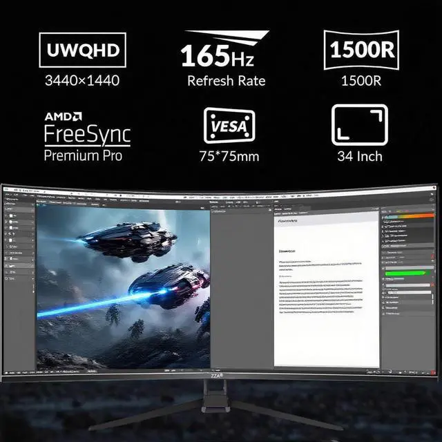 Alt view image 4 of 5 - 34 Inch Curved Gaming Monitor/WQHD Ultrawide Monitor - Immersive Gaming Experience with 165Hz Refresh Rate, VA Panel, and AMD FreeSync Premium | HDR10 | 99% sRGB | 3440x1440/PBP Mode