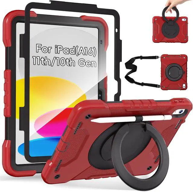 Main image of Andnary Case for iPad (A16) 11th Generation 11 inch 2025/10th Generation 10.9 inch 2022, Shockproof Cover with 360° Rotate Handle/Screen Protector/Bracket/Pen Holder/Shoulder Strap (Red+Black)