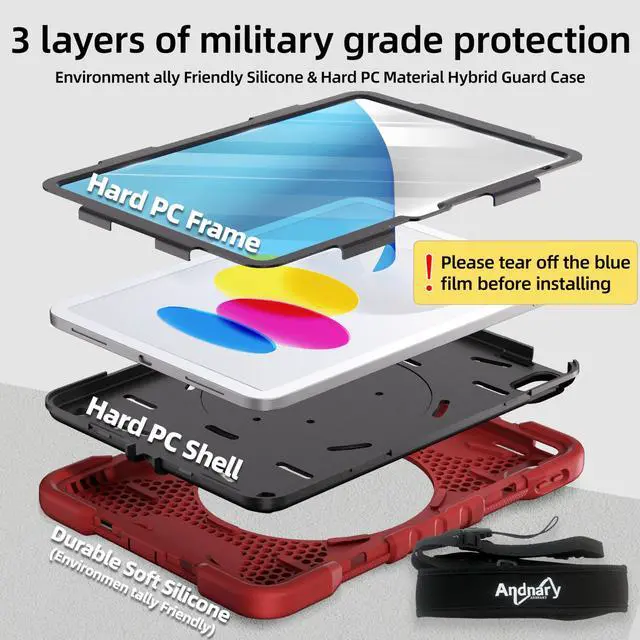 Alt view image 3 of 5 - Andnary Case for iPad (A16) 11th Generation 11 inch 2025/10th Generation 10.9 inch 2022, Shockproof Cover with 360° Rotate Handle/Screen Protector/Bracket/Pen Holder/Shoulder Strap (Red+Black)