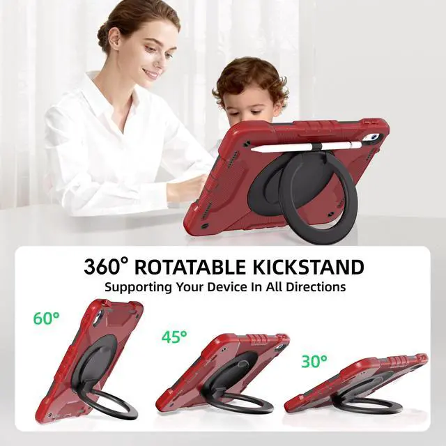 Alt view image 4 of 5 - Andnary Case for iPad (A16) 11th Generation 11 inch 2025/10th Generation 10.9 inch 2022, Shockproof Cover with 360° Rotate Handle/Screen Protector/Bracket/Pen Holder/Shoulder Strap (Red+Black)