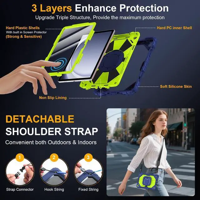 Alt view image 2 of 5 - Case for Samsung Galaxy Tab A9 Plus 11 Inch 2023, Ubearkk Rugged Case for Samsung Galaxy A9+ Tablet SM-X210/X216/X218 with Screen Protector 360 Rotating Stand Shoulder Strap Pen Holder, Navy Green