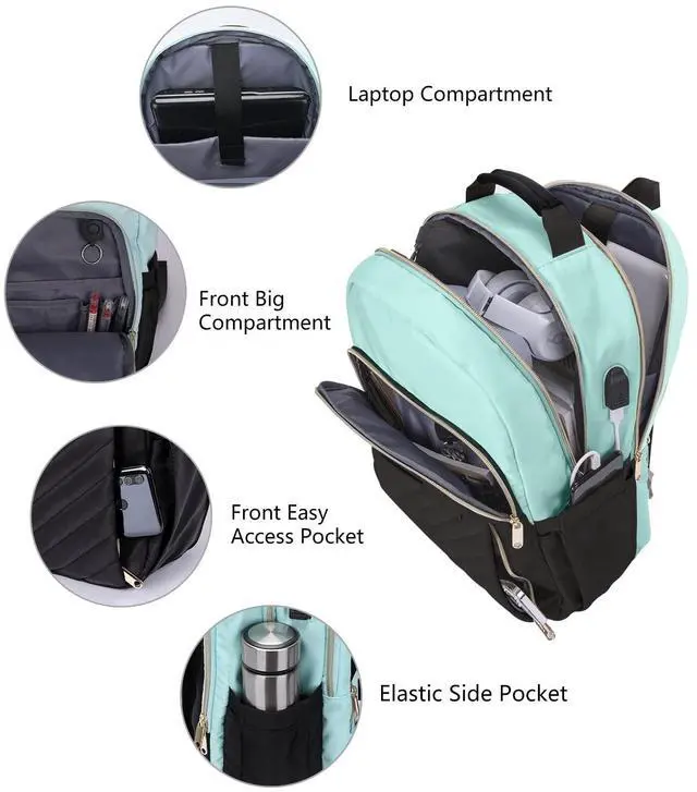 Alt view image 2 of 5 - Backpack for Women, School Bookbag, Laptop Backpack with USB Charging Port, College Student Travel Work Large Backpacks, Waterproof Anti Theft Daypack, Gifts for Women, Turquoise Black