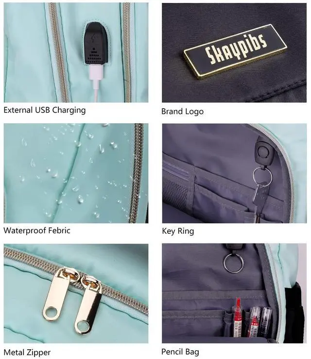 Alt view image 3 of 5 - Backpack for Women, School Bookbag, Laptop Backpack with USB Charging Port, College Student Travel Work Large Backpacks, Waterproof Anti Theft Daypack, Gifts for Women, Turquoise Black